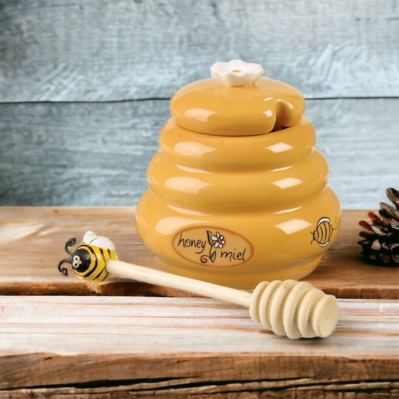 Honey Miel Ceramic Beehive Shaped Jar Pot with Lid Missing Spoon Honey Bee Decor - Picture 1 of 4